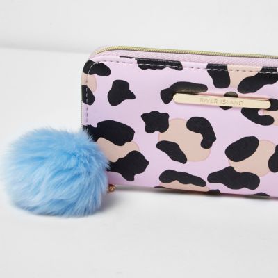 Girls pink leopard print pom pom purse